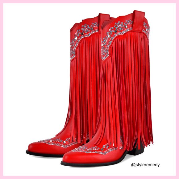 Shoes - Fringe Cowboy Boots Women Mid Calf Pull On Chunky Heel Embroidered Western